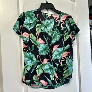 Lily White Tropical Flamingo Print Wrap Blouse Size S 🌴🦩